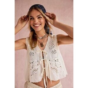 Free People Sweet Escape Blouse Top Tie-Front Floral Embroidered Cotton S 279395